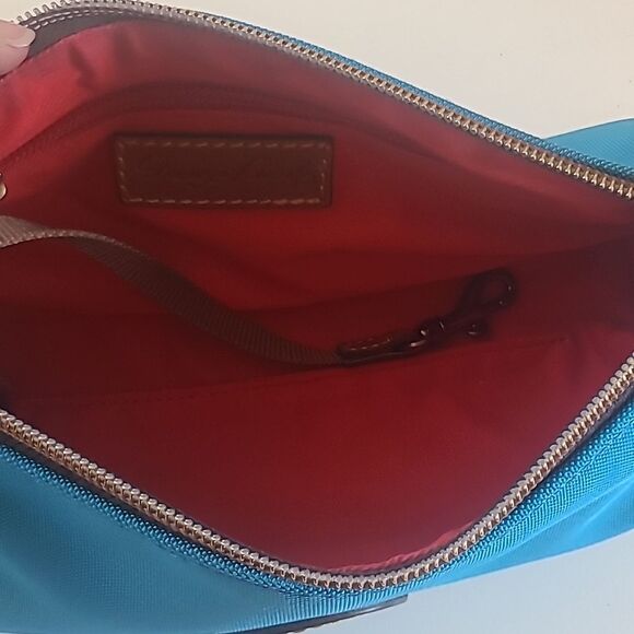 Dooney & Bourke Bright Blue Nylon Brown Leather Trim Small Barrel Shoulder Bag - Picture 11 of 13